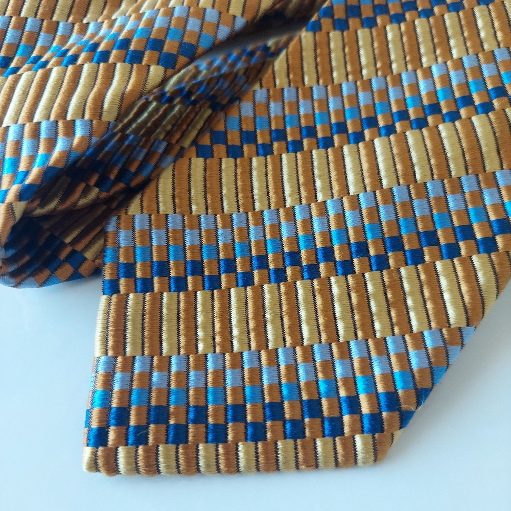 Berend DeWitt Silk Tie, Textured Knit, Gold and Blue, Made in Italy